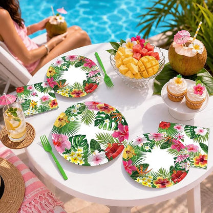 100 Pcs Tropical Luau Party Supplies Set, Serves 25 – Disposable Hibiscus - Image 3