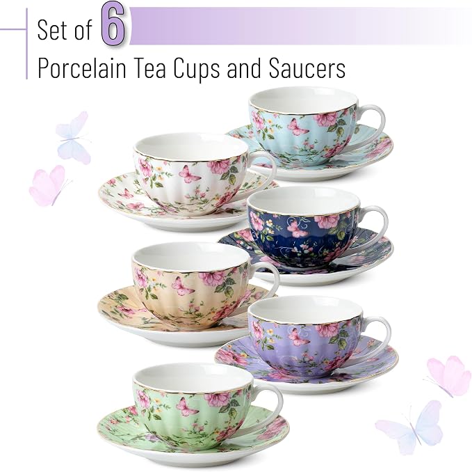 BTaT- Floral Tea Cups and Saucers Set of 6, Porcelain Tea Cups Set of 6 - Image 2