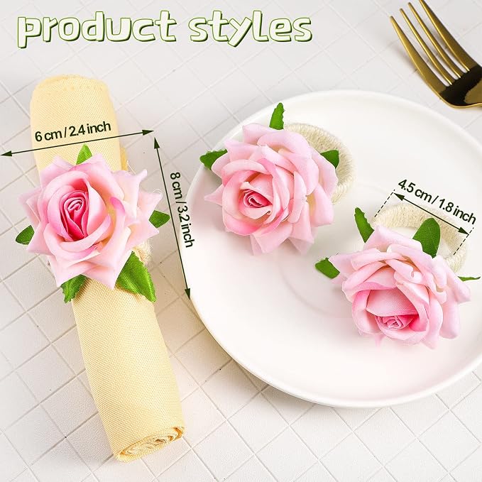 Chengu 12 Pcs Pink Floral Napkin Rings Summer Handcraft Flower Napkin Rings - Image 6