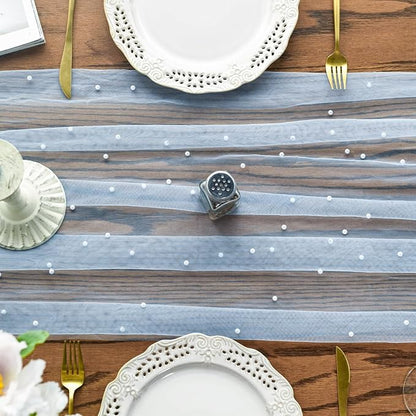Artoid Mode 6PCS Pearl Blue Gauze Table Runner 120 Inch 10FT, Seasonal Sheer Dining Holiday Wedding Birthday Baby Shower Table Decor for Home Party