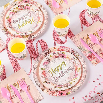 Roshtia 175 Pcs Floral Party Supplies-serve 25 Guests Happy Birthday Rose - Image 4