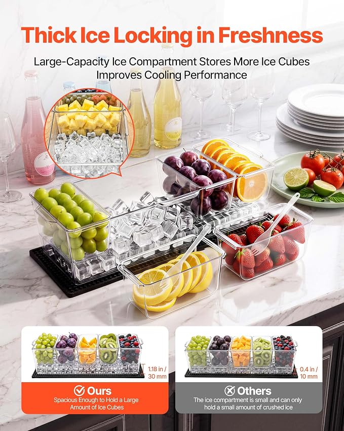 VEVOR Chilled Condiment Server Caddy, 5 Compartment Ice Cooled Serving Container - Image 2