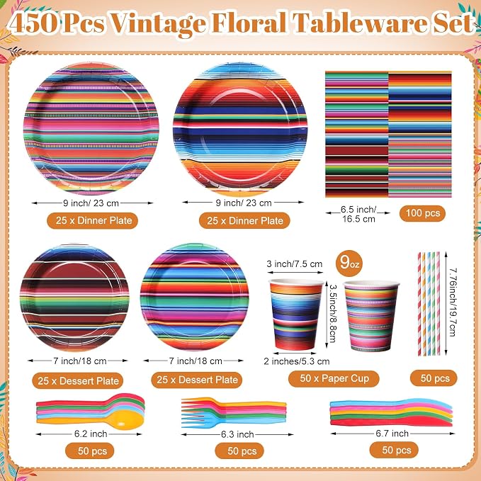 450 Pcs Mexican Serape Party Tableware Set Fiesta Decorations Taco Bar Paper - Image 2