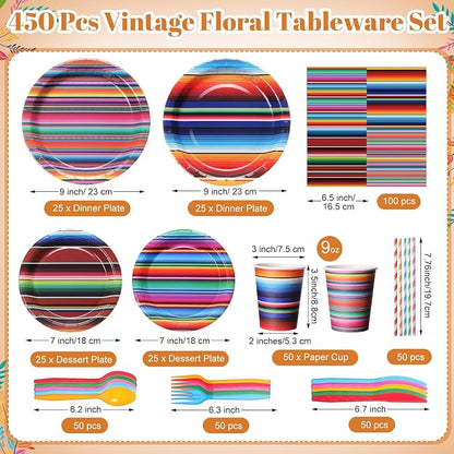 450 Pcs Mexican Serape Party Tableware Set Fiesta Decorations Taco Bar Paper - Image 2