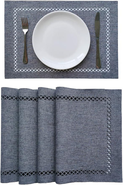 Placemats Set of 4 for Dining Table with Hollow Edge Design- Table Mats 12x 18 Inch, Cloth Place mats Machine Washable (Grey 4pcs)