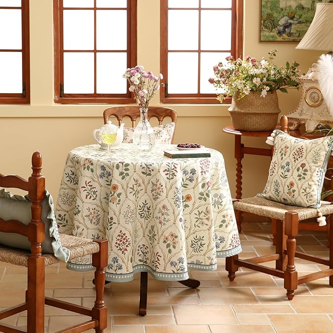 ISAENNE Designer Linen Round Tablecloth,Western Colorful Floral Indoor Table Cloth,Wrinkle Resistant Decor Tablecloths for Dining Thanksgiving Kitchen Christmas,Diameter 67"-Serenity B