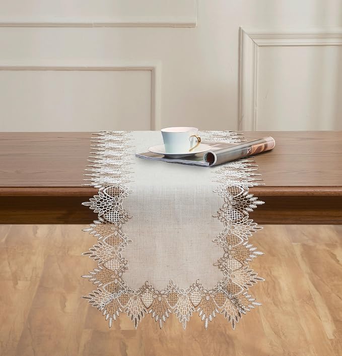 Natural Linen Table Runner 36 inches Beige Lace Coffee Table Runners | French - Image 2