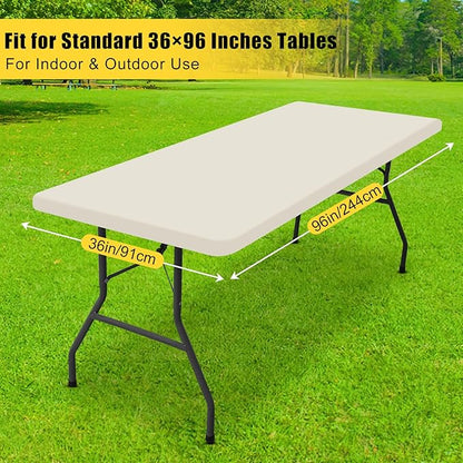 Smiry Rectangle Tablecloth, Elastic Fitted Flannel Backed Vinyl Tablecloths for 8ft Folding Tables, Waterproof Wipeable Table Covers for Indoor, Outdoor, Picnic and Camping (Beige, 36"x96")