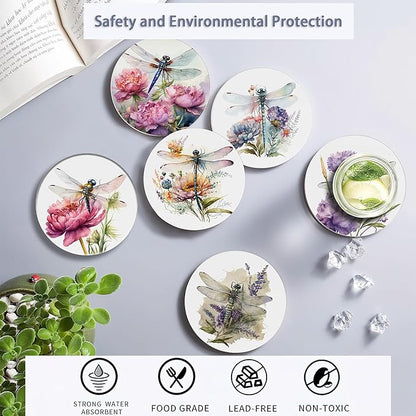 Coaster for Drinks Set of 6, Dragonfly Flower Absorbing Round Ceramic Stone Coaster with Cork Base,Tabletop Protection Mat for Mugs and Cups,Coffee Table Wine Glass Home Bar 4 Inch
