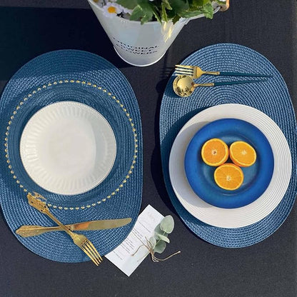 FunWheat Oval Braided Placemats Set of 8 Table Mats for Dining Tables Washable Heat Resistant Place Mats for Indoor Outdoor Use 12 x18 Inch(Oval Blue, 8pcs)
