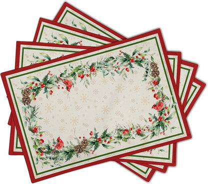 Winter Holly Branches Placemats Set of 4, Xmas Red Birds Pine Cone Dining Table Place Mats Linen Fabric Desk Top 12 x 18 Inch for Seasonal Holiday Home Kitchen Decor