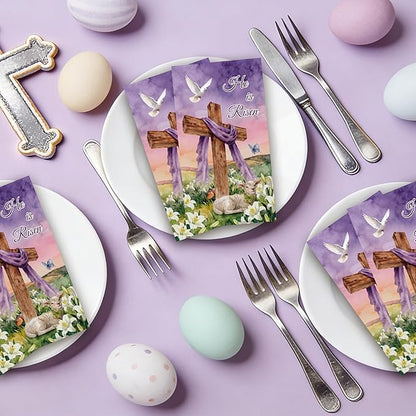Purple Easter Paper Napkins - 100 Pcs He is Risen Happy Dinner Disposable Party Decorations Sets Bulk Cross Religious Decorative Guest Supplies Decor Hand Towels for Bathroom Home 7.9 x 4.3 In
