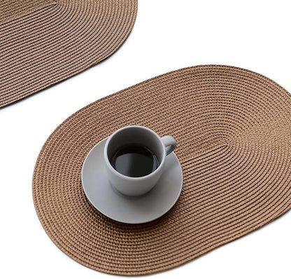 FunWheat Oval Braided Placemats Set of 6 Table Mats for Dining Tables Washable Heat Resistant Place Mats for Indoor Outdoor Use 12 x18 Inch(Oval Light Brown, 6pcs)