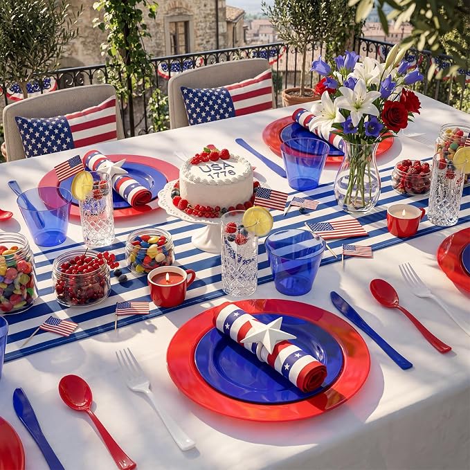 KIRE 150PCS 4th of July Plates & Red White Blue Disposable Plastic Silverware - Image 4