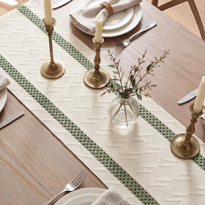 Artoid Mode Sage Green Stripe Woven Rustic Table Runner 12x108 Inch | Holiday - Image 4
