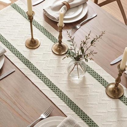 Artoid Mode Sage Green Stripe Woven Rustic Table Runner 12x108 Inch | Holiday - Image 4