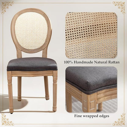 SoarFlash French Dining Chairs Set of 2, Vantage Dining Chair with Round Back, Wood Leg Farmhouse Country Rattan Dining Chair for Kitchen,Bedroom,Deep Grey