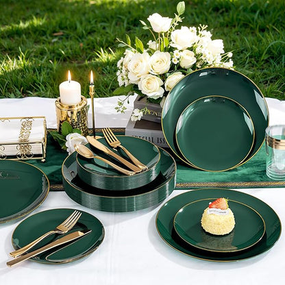 YOUBET 175PCS Green Plastic Plates - Green and Gold Disposable Plates Include 50 Plate, 75 Silverware, 25 Cups, 25 Napkins for Wedding & Party