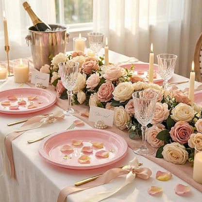 WELLIFE Pink Plastic Plates 9 Inch -150 Count for Party, Disposable Plastic Party Plates for Valentine's Day Easter Mother's Day Baby Shower Dinner Dessert Cake Light Pink