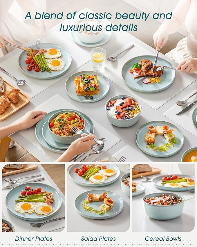 vancasso ANYA 24 Pieces Plates and Bowls Set, Mint Green Dinnerware Sets, Reactive Glaze Dishes Set for 8, Ceramic Dishware Sets Kitchen Dinner Set, Microwave & Dishwasher Safe
