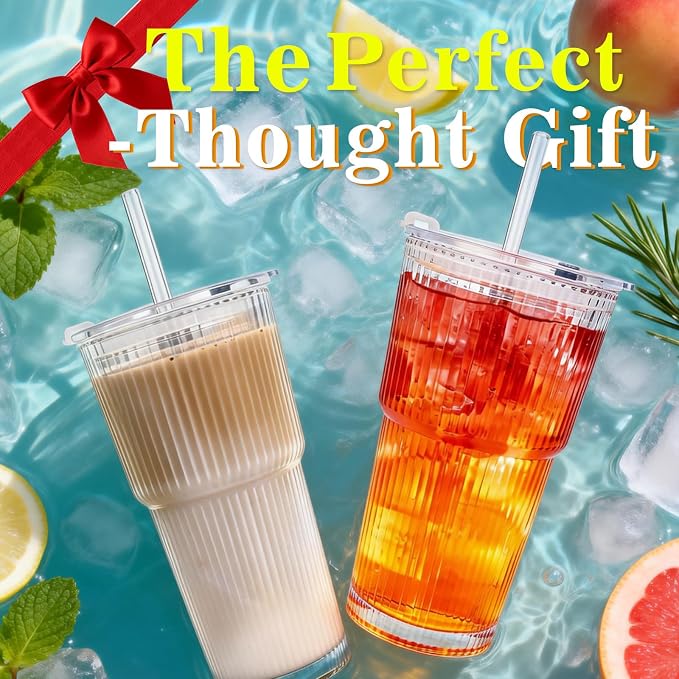 20oz Glass Tumblers with Lids and Straws, Ribbed Glassware - Image 7