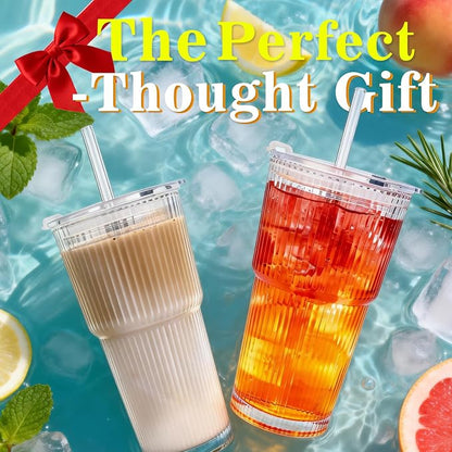 20oz Glass Tumblers with Lids and Straws, Ribbed Glassware - Image 7