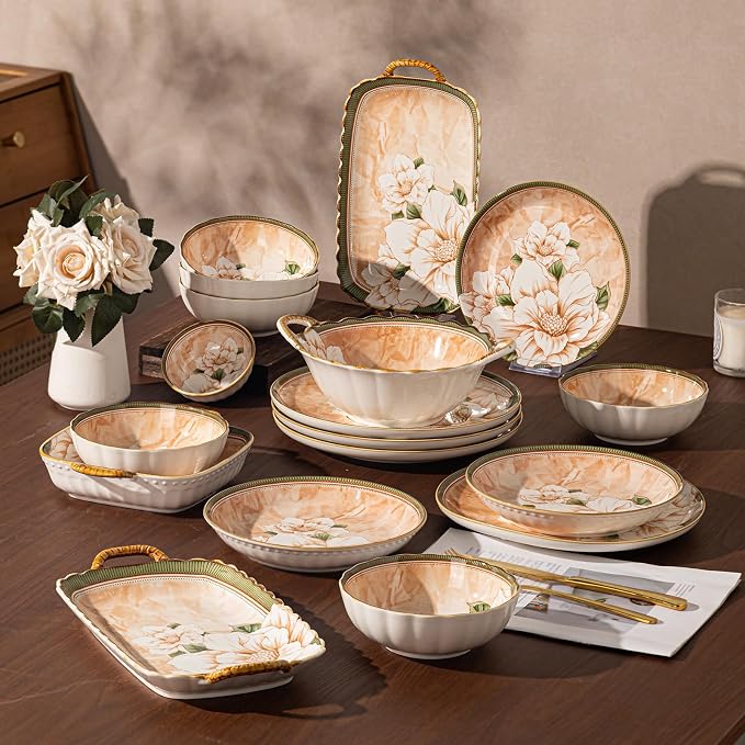 Ceramic Dinnerware Set, Floral Plates and Bowls Sets, Microwave & Dishwasher - Image 8