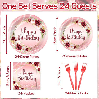 96Pcs Burgundy Birthday Party Supplies Burgundy Floral Paper Plates Napkins - Image 2