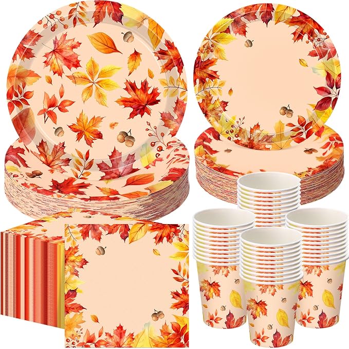 Funnymoom 250 Pcs Fall Thanksgiving Party Decorations Serves 50 | Plates by Funnymoom