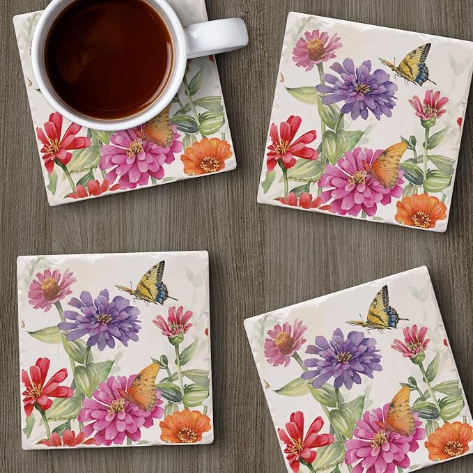Thirstystone Zinnias & Butterflies 4 Pack Tumbled Tile Stone Coasters | 4" - Image 4
