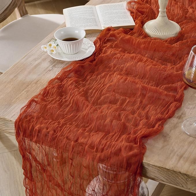 3 Pack Terracotta Fall Cheesecloth Table Runners, 120 Inch 10Ft Orange Gauze - Image 3