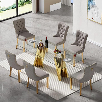 7 Piece Glass Dining Table Set,70" Dinner Room Glass Table Set for 6,Modern Kitchen Dinner Table Set with Stainless Steel Base and 6 Upholstered Velvet Dining Chairs for Living Dining Room