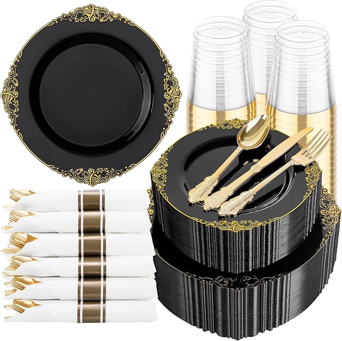 350 Pcs Black Gold Plates for Graduation | Black Party Plates Set for 50 Guests by Hioasis