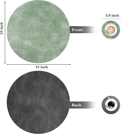 Round Placemats and Coasters Set of 6, Washable Reversible Faux Leather Placemats Cowhide Pattern Place Mats Wipeable Non-Slip 15 inch Round Kitchen Dining Table Mats (Gray Green, 6)