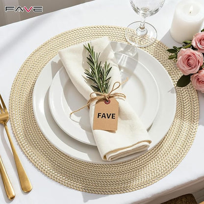 FAVE 12PCS Gold Vinyl Round Placemats, Wheat Sheaf Design 15 Inch Placemats Set of 12 Washable for Dining, Events, Banquet, Home & Daily Use (Gold Wheat,12pcs)