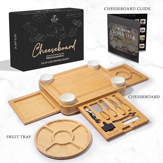 Zulay Charcuterie Board Set Extra Large - Great White Elephant Gift, Housewarming Gift for New Home, Bamboo Cheese Board - Charcuterie with Accessories, Wine and Cheese