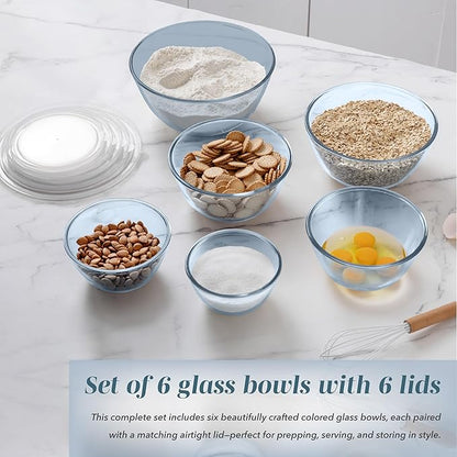 COOK WITH COLOR 12 Pc Glass Mixing Bowl Set with Lids – Borosilicate Glass Nesting Bowls for Cooking, Baking and Meal Prep, Colored Blue