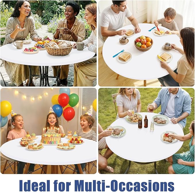Round Spandex Tablecloth 2 Pack, Elastic Fitted Waterproof Tablecloths for 45"-56" Tables, Stretch Washable Picnic Table Cover for Camping, Dining, Indoor and Outdoor, White