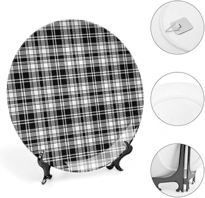 Ceramic Display Plate, Abstract Decor Ceramic Hanging Decorative Plate, British Tartan Stripes Pattern, 8 Inch, Household Custom Ceramic Plate, Black White
