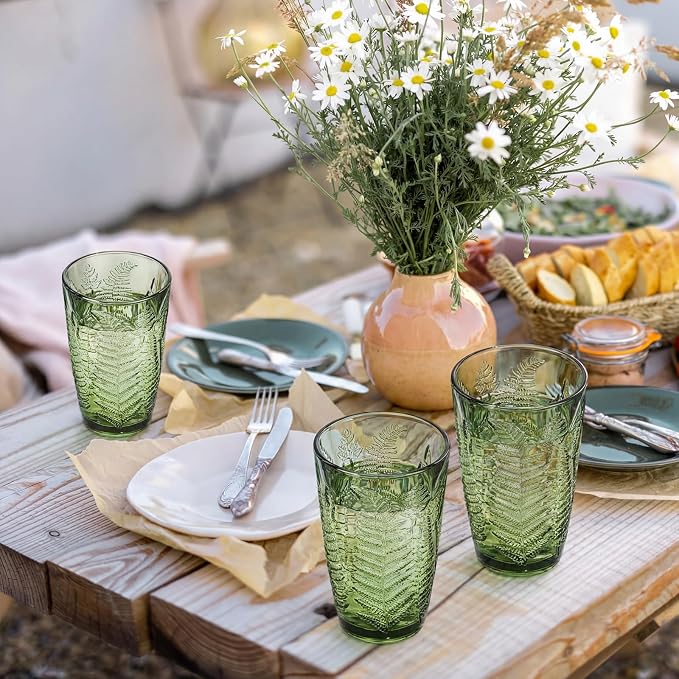 Reallnaive 14 oz Green Drinking Glasses Set of 8, Vintage Glassware - Image 2