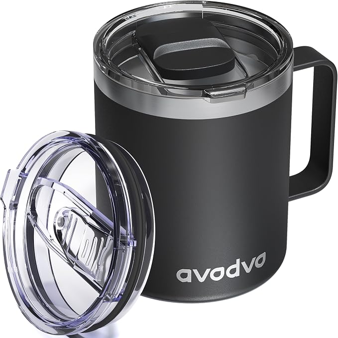 12oz Insulated Coffee Mug with Lid – Includes Two Lids, Stainless Steel Coffee by avodvo