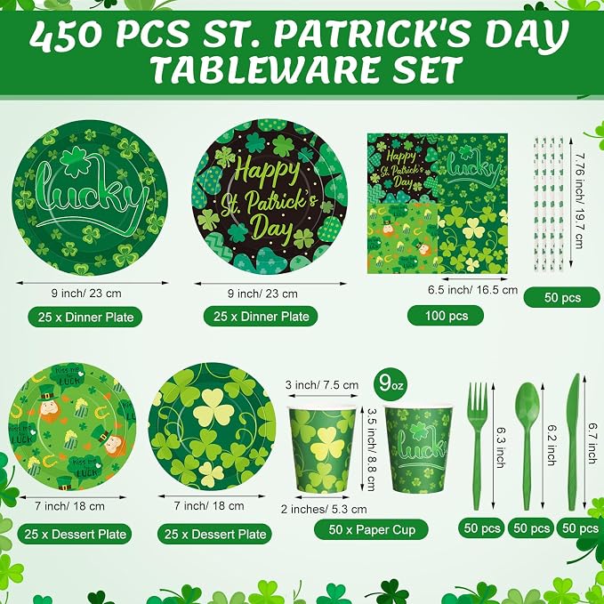 450 Pcs Happy St. Patrick's Day Tableware Set Decoration Serves 50 | Lucky - Image 2