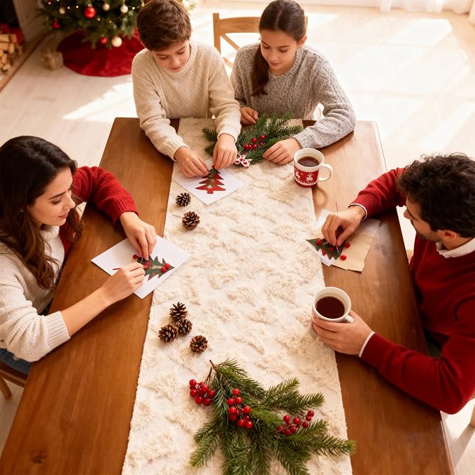 Christmas Trees Table Runner Soft Plush Faux Fur Cream Tree Christmas Table - Image 5