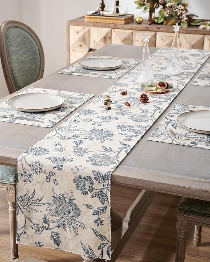 jinchan Blue Floral Linen Table Runner 13 x 72 Inch Farmhouse | Solid color by JINCHAN