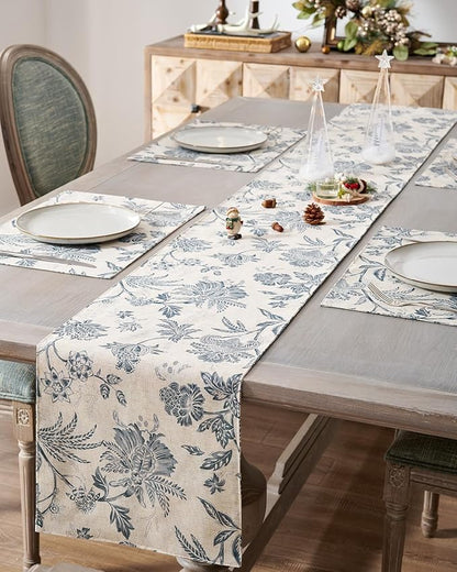 jinchan Blue Floral Linen Table Runner 13 x 72 Inch Farmhouse | Solid color by JINCHAN