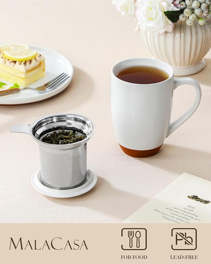 MALACASA Ceramic Tea Mug with Lid and Stainless Steel Infuser, 18 oz Large Tea - Image 3