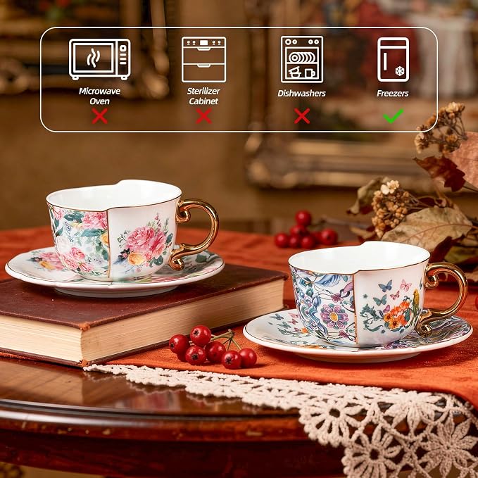 KAMMAK Tea Cups and Saucers Set of 2, Fine Bone China Coffee Cups, YX011 | - Image 6