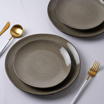famiware Plates and Bowls Sets for 4, 12 Pieces Stoneware Dinnerware Sets, Dishes Set, Reactive Glaze Dishware Sets, Dishwasher & Microwave Safe, Tempus Series - Dark Olive