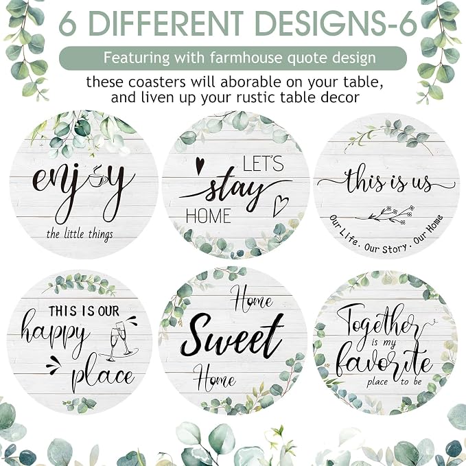 Queekay Coasters Set of 6 House Warming Gifts New Home Wooden Farmhouse Drink - Image 4