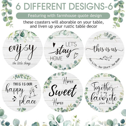Queekay Coasters Set of 6 House Warming Gifts New Home Wooden Farmhouse Drink - Image 4